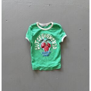 Bershka Kids strawberry ringer baby tee — 10–12Y, green rib knit